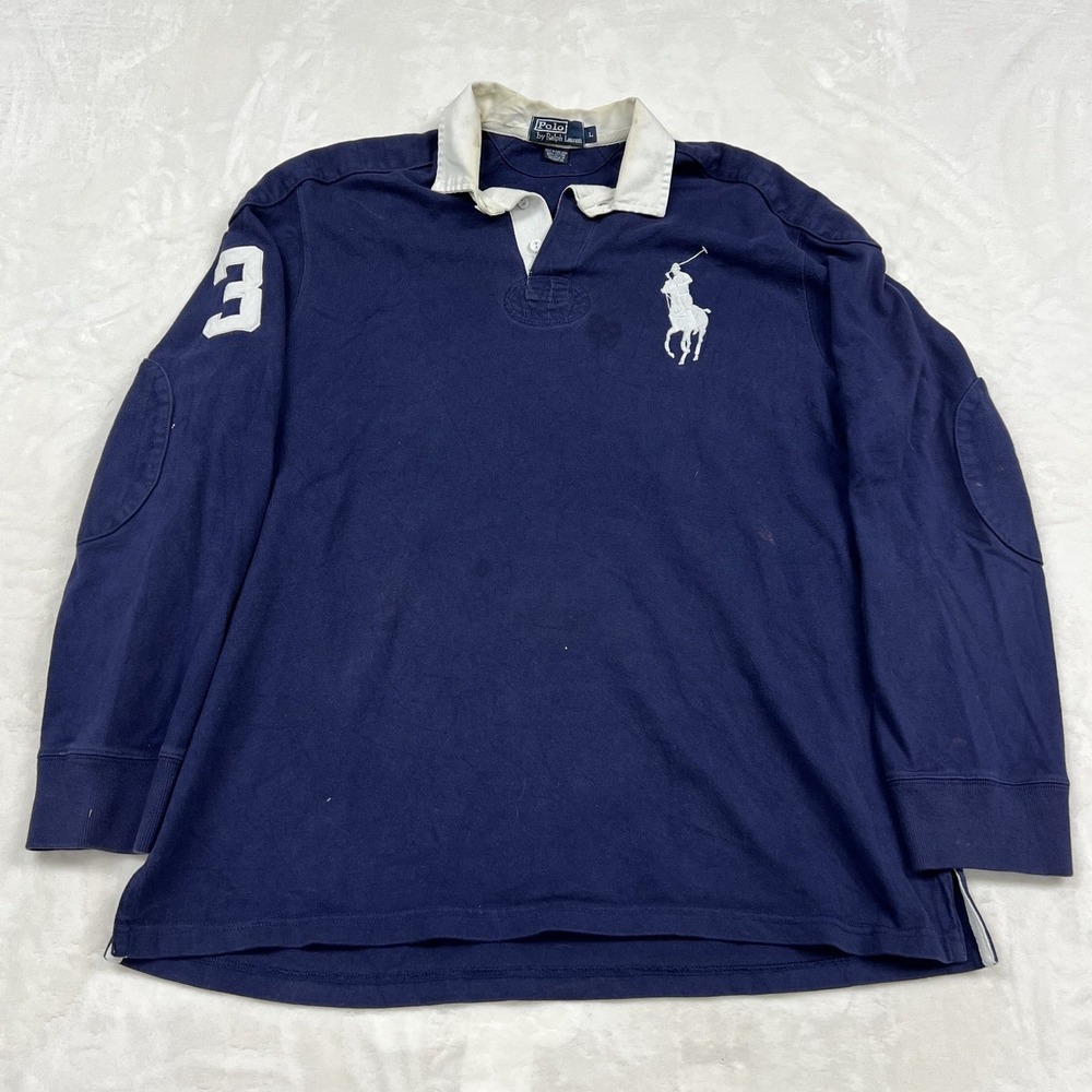 Polo Ralph Lauren Rugby Shirt Mens L Navy Big Pony Elbow Patch Long Sleeve
